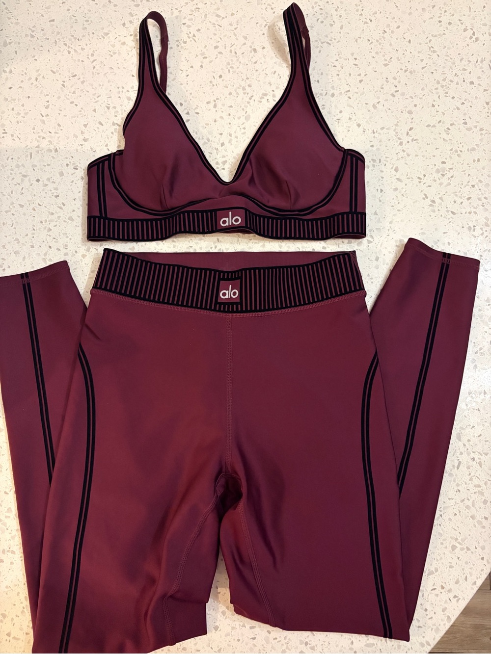 ALO Yoga Burgundy Sports Bra and Legging Set with Black Trim